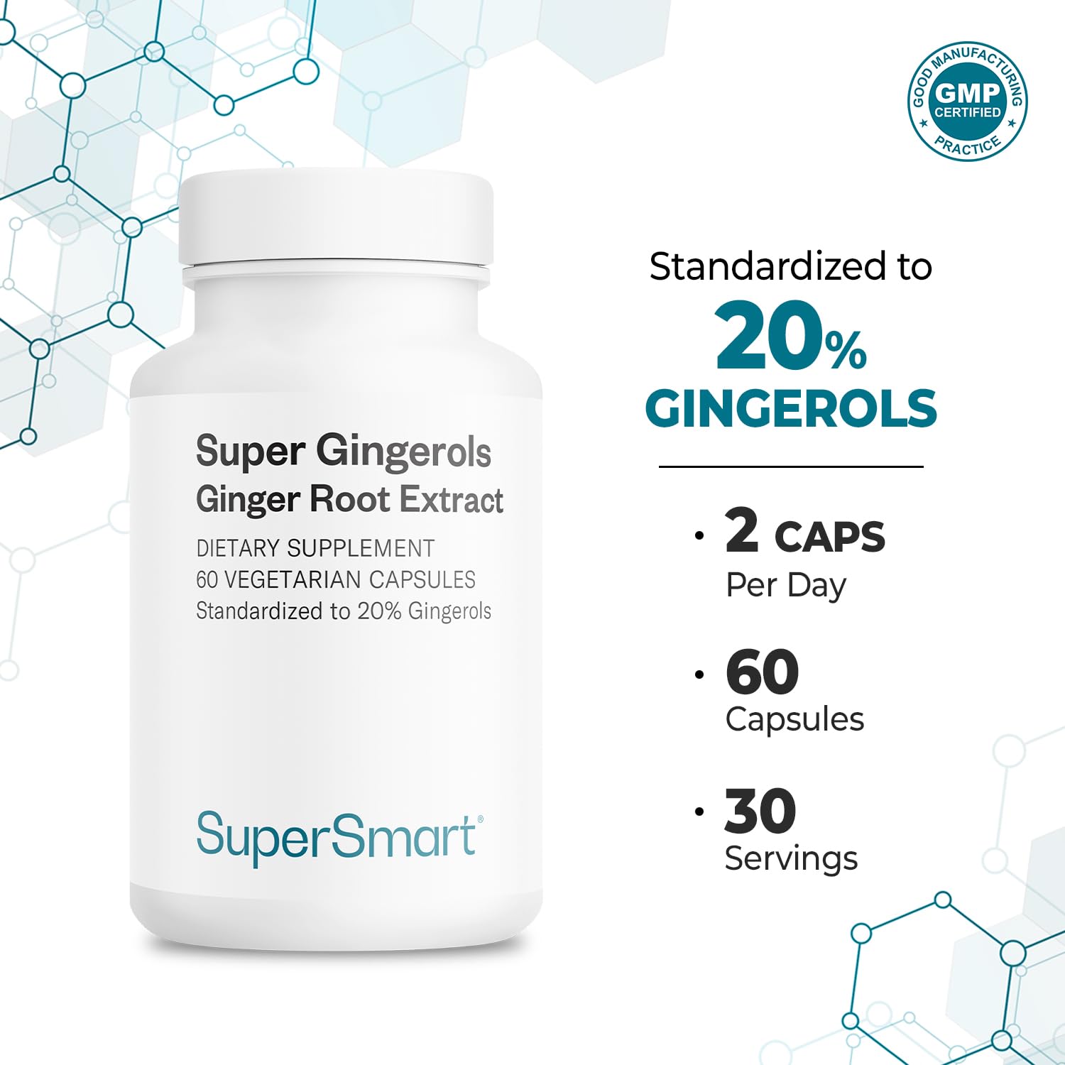 Super Gingerols - Extrait Naturel de Gingembre - Soutenir l’Immunité, Réduit les Nausées et Stimule le Tonus et l’Energie - Formule naturelle en gélules - Vegan - SuperSmart
