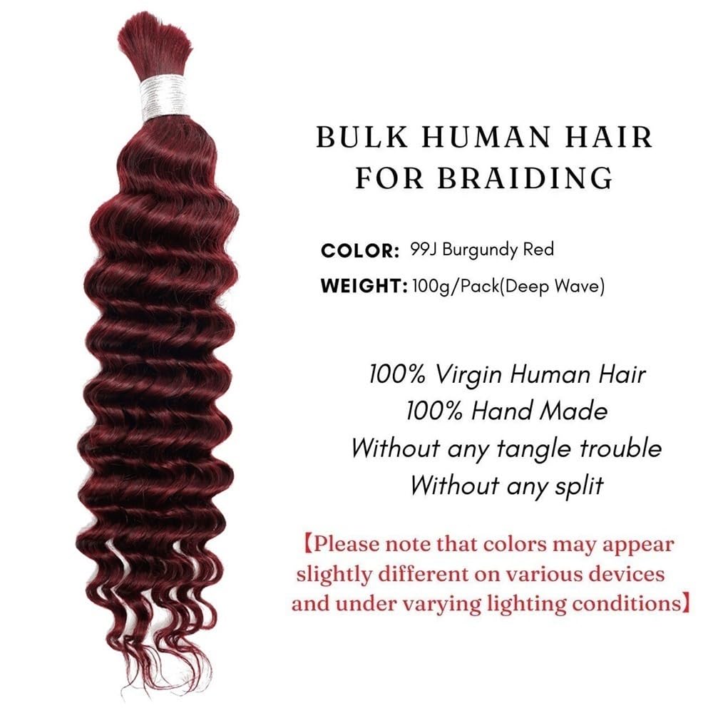 Trenza de Cabello, Extensiones de Cabello Humano Color Burdeos a Granel for trenzar, mechones de Cabello Peruano con Ondas Profundas, sin Trama(22inch)