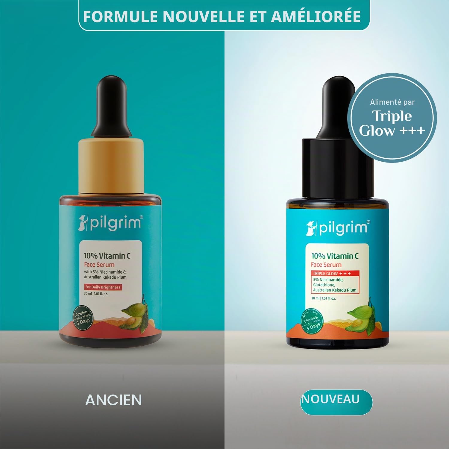 Pilgrim Sérum à 10 % de vitamine C 30 ml pour une peau éclatante | Avec 5 % de niacinamide, acide hyaluronique et glycolique | estompe les taches brunes, la pigmentation | Pour tous, peaux grasses