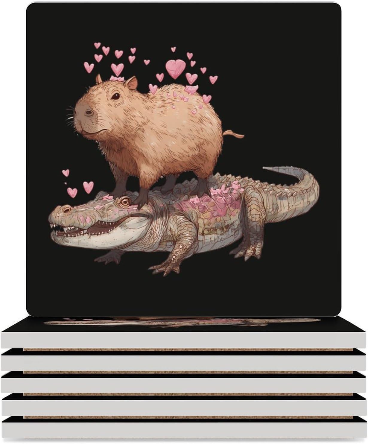 Capybaras Alligators Coaster for Drinks Square Ceramic Table Coasters Stone Mat Crafts 6PCS Home Kitchen Decor
