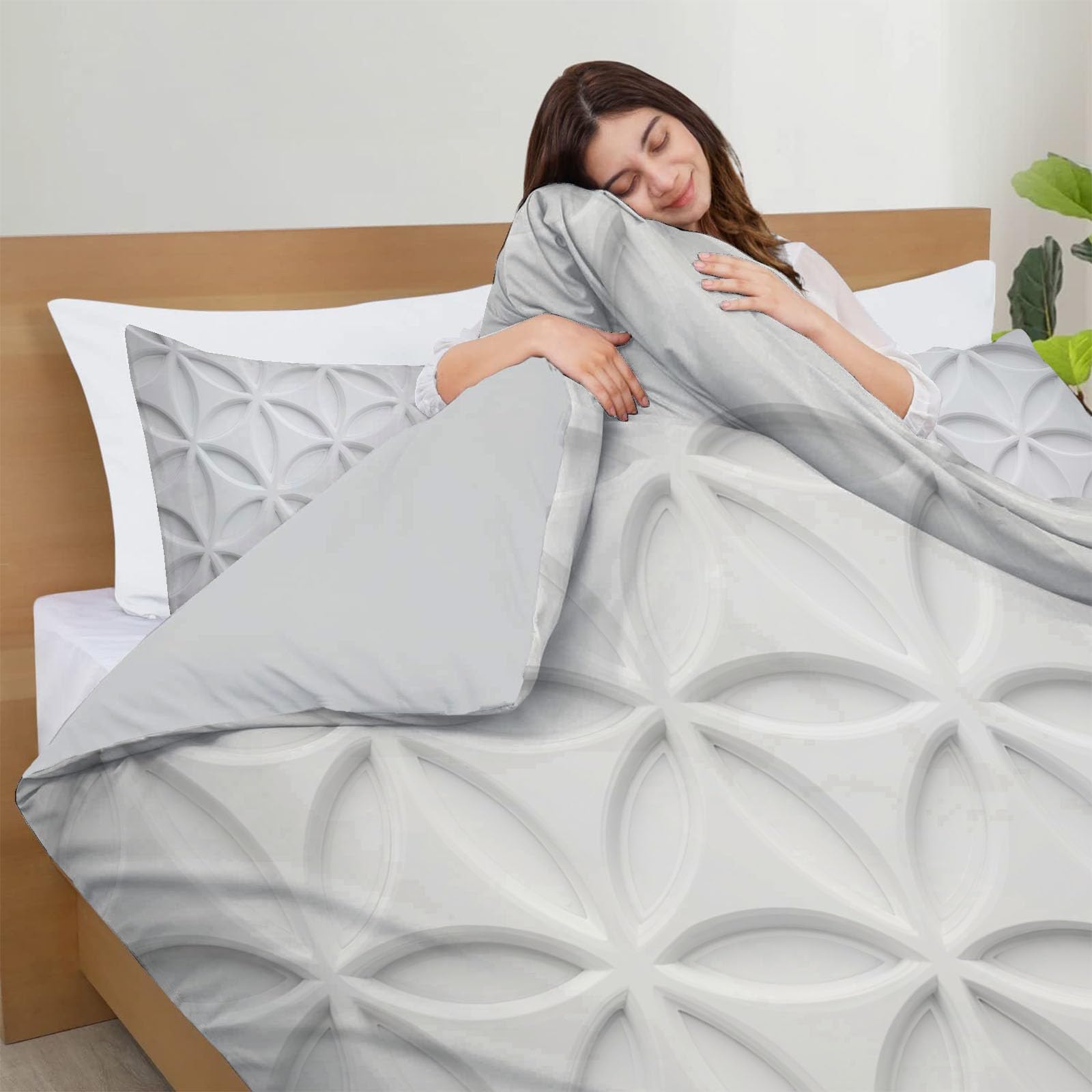 Copripiumino Matrimoniale Moderno Geometria,Set di Biancheria da Letto Effetto Rilievo Visivo Astratto Petali Foglie,Copri Piumino 200x200cm con 2 Federe 50x75 cm,Microfibra Morbida Lavabile,Bianco