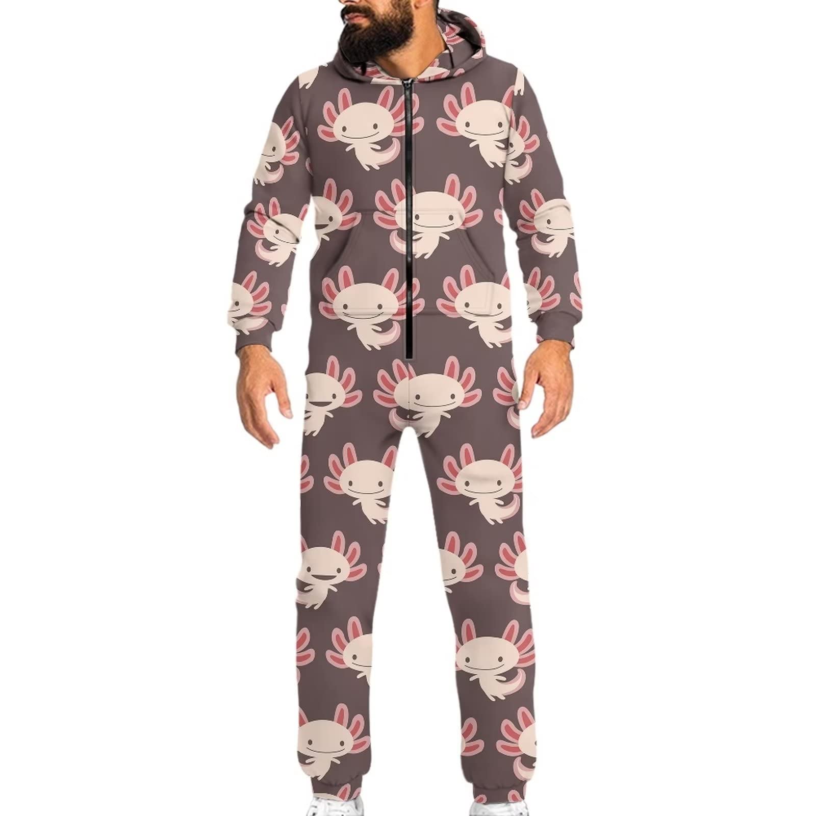 POLERO Pijama de conejo con cremallera para mujer, Pijamas Enteros con capucha y bolsillo para hombre, Axolotl, L