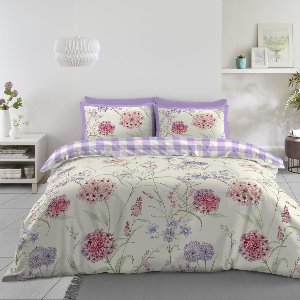 Lions Double Duvet Cover Sets - 3 Pcs Poly Cotton Floral Bedding with Matching Pillowcase, Soft Reversible Flowers Printed Quilt Covers, Purple, 200x200cm