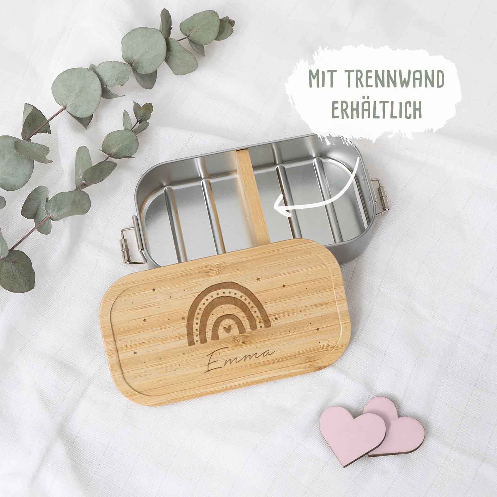 hellomini Geschenkset für Kinder Trinkflasche Isolierflasche Edelstahl mit Bambusdeckel & Brotdose Lunchbox Holzdeckel personalisierte Geschenke Ostern, Weihnachten, Geburtstag, Einschulung Hase