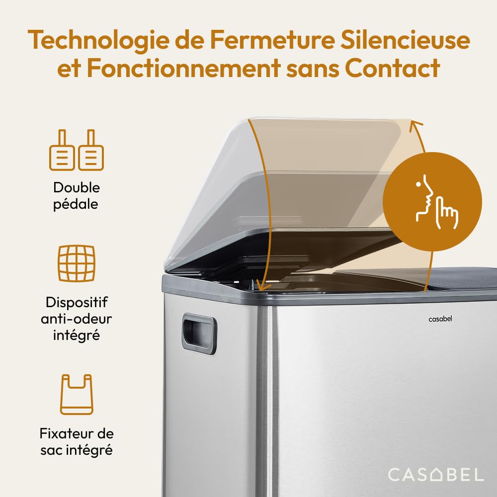 CASABEL Poubelle Cuisine Tri Sélectif 60L Acier INOX Brossé Double Compartiments
