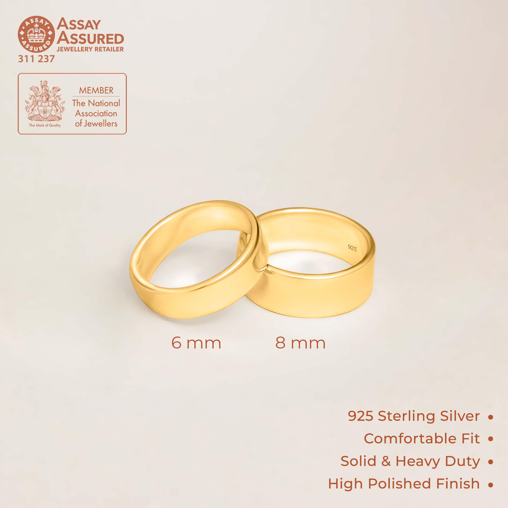 Amberta Alliance pour Homme en Argent Sterling 925 ou Plaqué Or | Bague Homme Argent Massif Poli Pouce Largeur 5 6 8 mm Bague de Mariage Simple