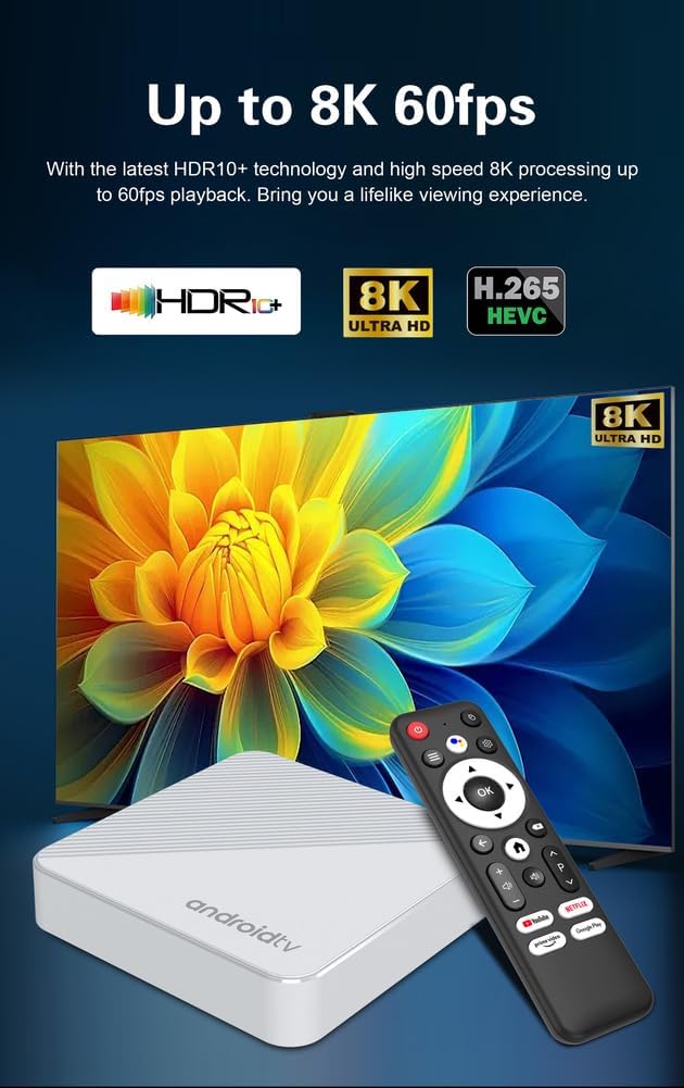 CHROX Android TV Box with 8K 60fps, HDR10+, H.265 HEVC logos