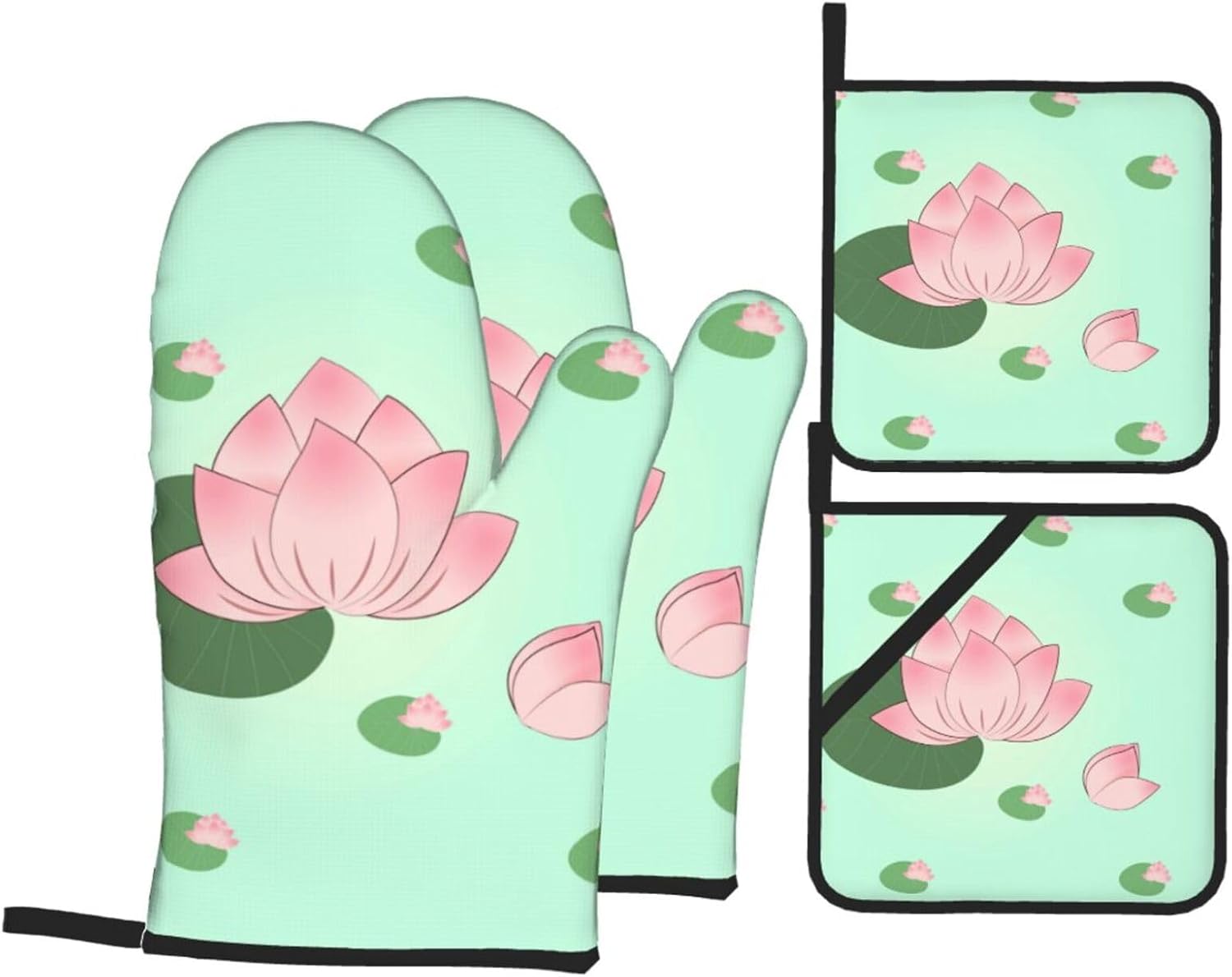 Lotus flowers waiting to bloom Oven gloves and heat-resistant mat 4-piece set. Suitable for grilling, microwave oven frying, and baking