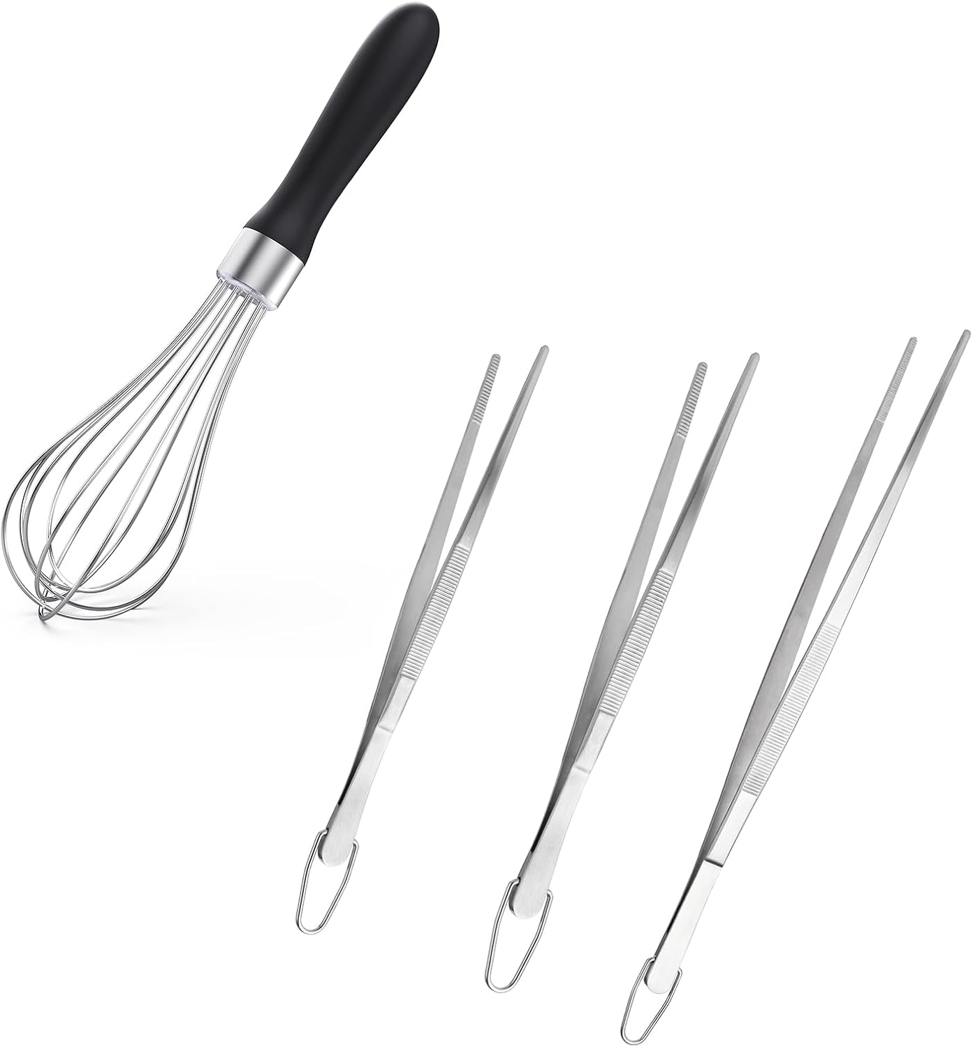 U-Taste 9" Small Egg Whisk: 18/10 Stainless Steel Kitchen Cooking Wire Balloon Wisk (Black) and 8"+10"+12" Kitchen Tweezer: 18/8 Stainless Steel Food-Grade Metal Food Tong (Pointed Tip)