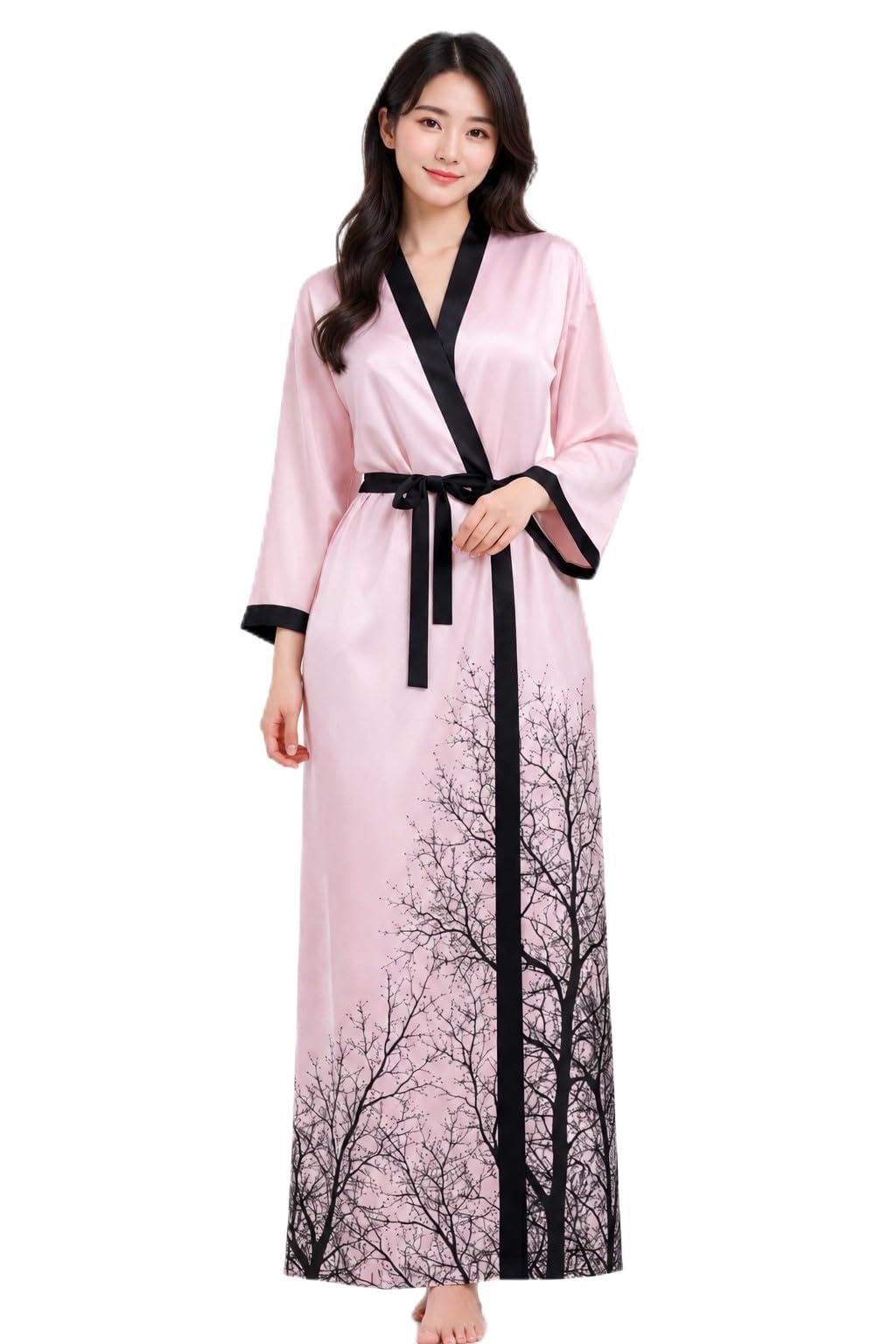 Women's Satin Kimono Robe, Tree Print, Adjustable Waist Belt, Full Sleeve, Lightweight, Regular Length, Housecoat for Lounging and Nightwear (IN, Alpha, L, Regular, Standard, Black)-image-11