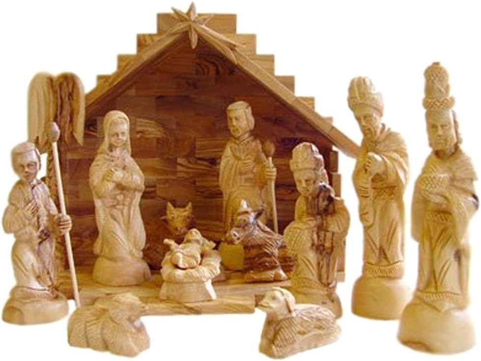 Holy Land Market Olive Wood Nativity Set with Stable. Deluxe (15 Piece Set)