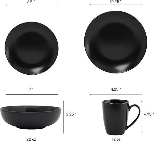 Miniatura 8 de Euro Ceramica Euro Essential Collection - Juego de vajilla de 16 piezas, servicio para 4, color negro mate sólido