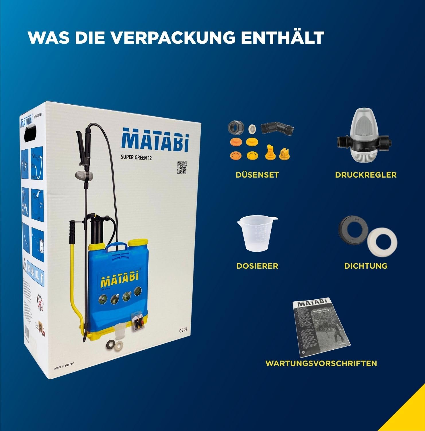 Matabi - Rückenspritze - Drucksprüher 12L - Lanze aus Fiberglas und Hochleistungsdüse - Gartenspritze mit Druckregler - gepolsterte Gurte - Super Green 12 - Made in Europe | Manuelle Rückenspritze mit Druckregler und 1,3 m Schlauch - Mit Mischer und Dosie