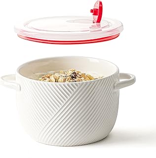 Ceramic Soup Bowl with Lid & Handle: 32 oz Large Kitchen Container for French Onion Meal Prep Cereal Ramen Oatmeal Dorm Living Single Serve Dinner Work Lunch Food Storage - White 1 PCS