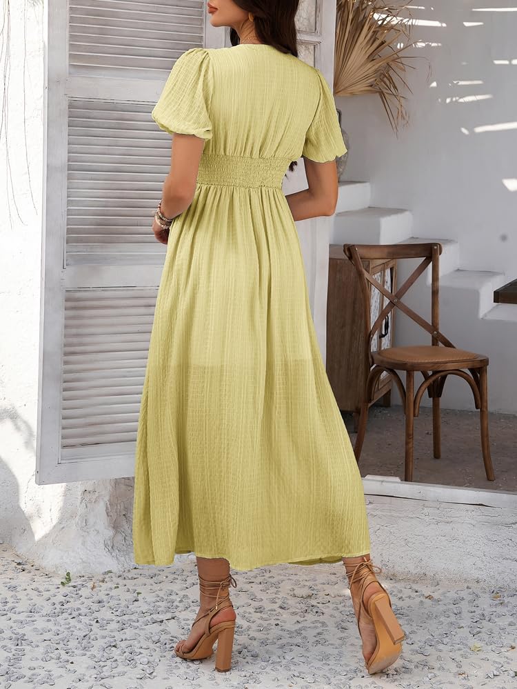 Image of Women Summer Casual Midi Dress Puff Sleeve V Neck Ruched Button Front Split Boho Beach Vacation Wedding Dresses 2026