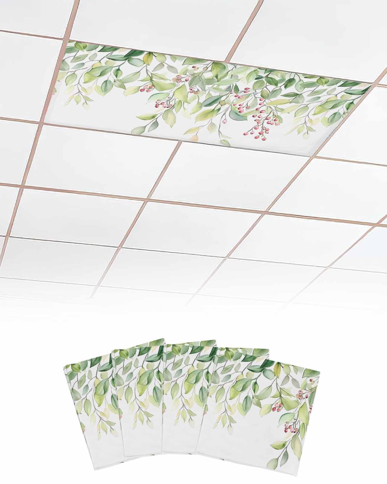 EwdeWwo Eucalyptus Leaf 4 Pcs Fluorescent Light Covers for Ceiling Lights, Spring Summer Green Plant Magnetic Light Filters for Eliminate Harsh Glare Classroom Office Decoration, 4 x 2 Ft