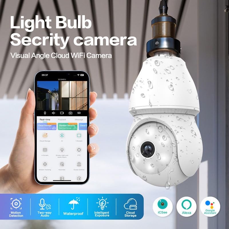 Codnida WiFi Buitenlamp Camera Voor E27 Lamp Houder, 2K Ptz Bewakingscamera Met Geluid En Licht Alarm, Motion Tracking, Kleuren Nachtzicht, 2Pcs
