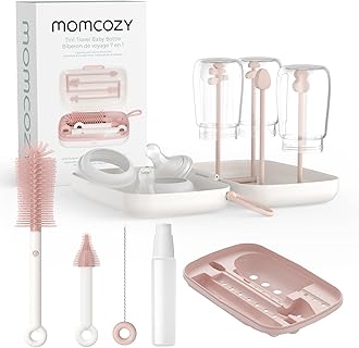 Momcozy Baby Bottle Brush Set, Cleaner Kit with Silicone Nipple Straw Brush, Soap Dispenser, Drying Rack - 7 in 1 Bottle Cleaning Tool for Home and Travel, Pink