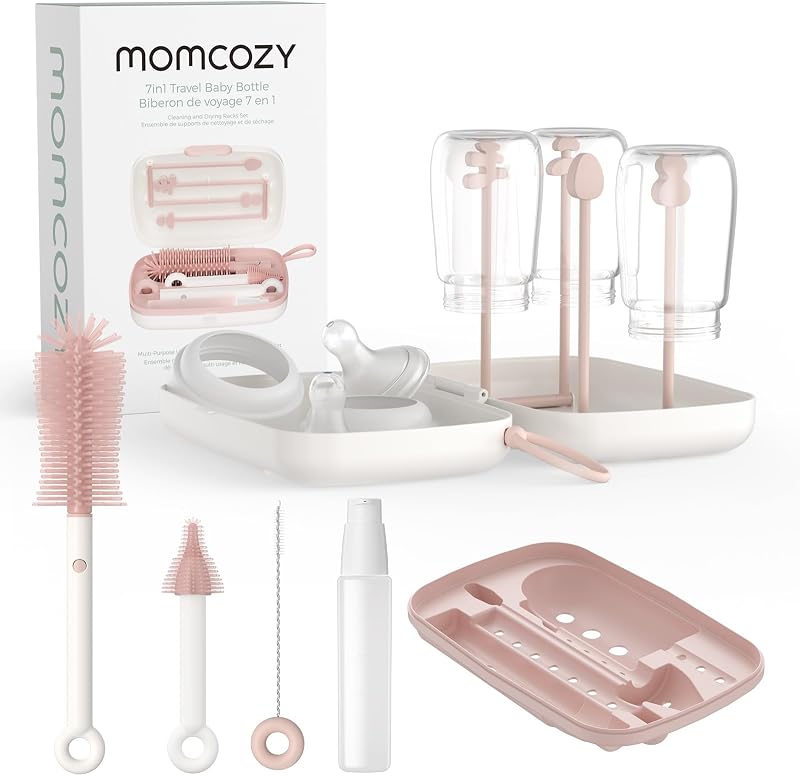 Momcozy 7-in-1 Baby Bottle Brush Set with Drying Rack, Pink | Silicone Nipple Straw Brushes, Soap Dispenser Storage Box, Foldable Drain Rack, Portable Bag, BPA-Free, Home & Travel