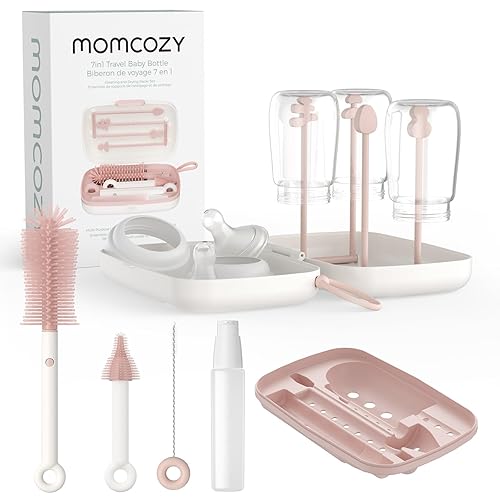 Momcozy Juego de cepillos para biberones, kit limpiador con cepillo de silicona para pezón, dispensador de jabón, estante de secado, herramienta de