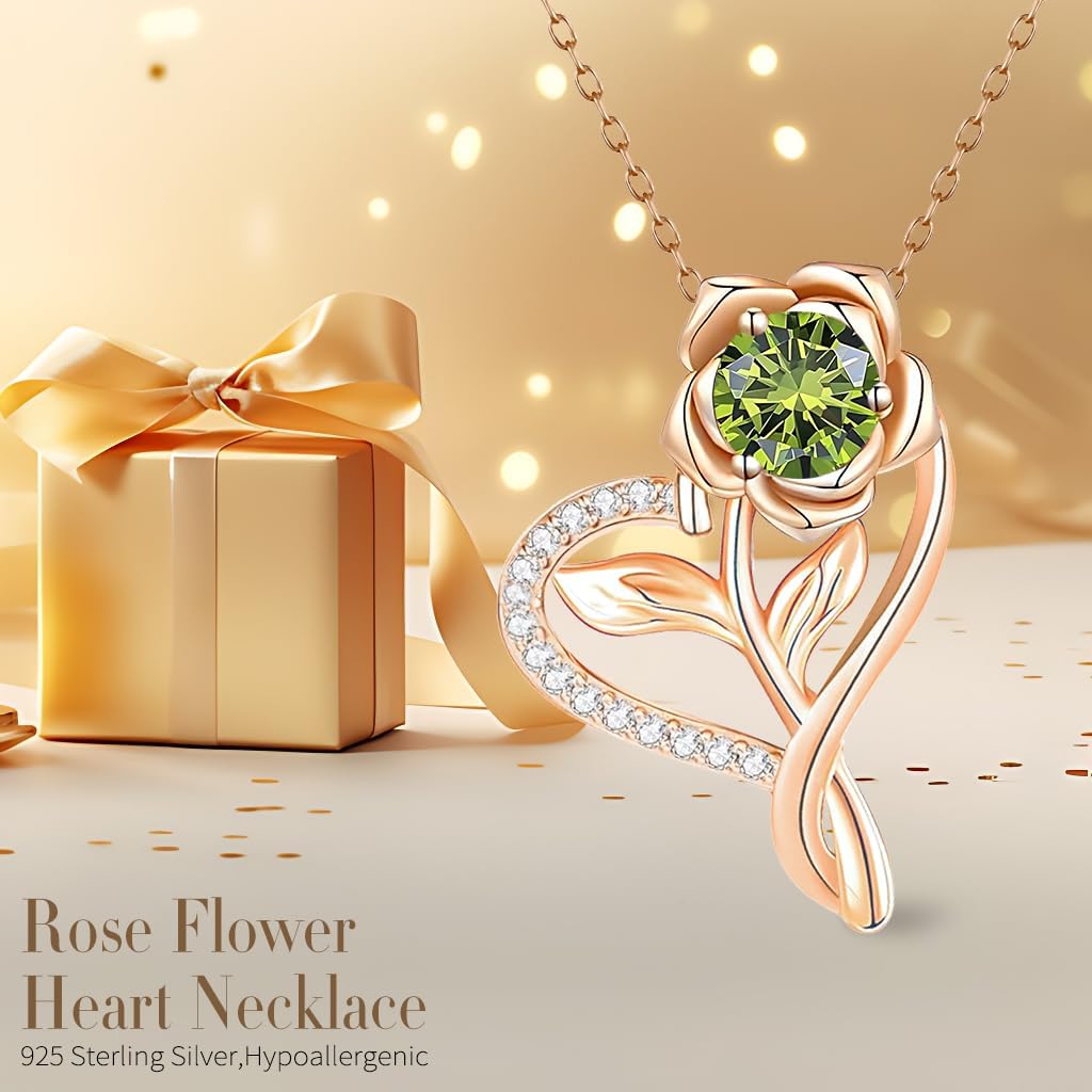 Rose Heart Birthstone Necklaces for Women, 925 Sterling Silver Heart Pendant Necklace Birthday Anniversary Valentines Jewelry Gift for Women Wife Mom Girlfriend Daughter Lady - Image 4