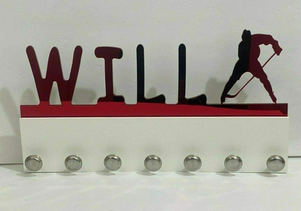 Custom Personalized Name Medal Holder Boy Men Man Male Ice Hockey Puck Speed Skate Skater Awards Display Hanger Rack with Hooks 60+ Medals Ribbons Sports 16'' Wide Made To Order With Your Name On It