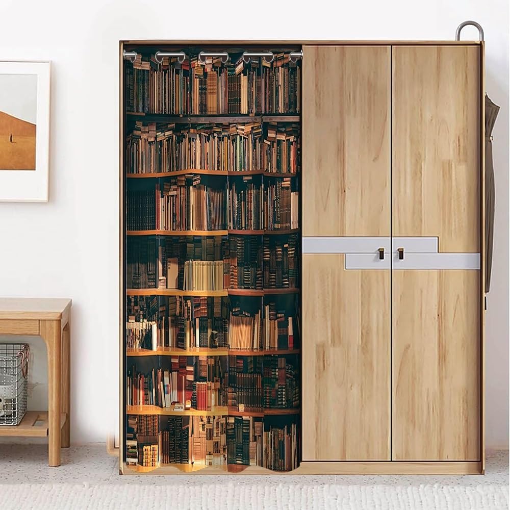 Leyiyi Bookcase Door Curtains for Doorway Privacy Brown Medieval Art Bookshelves Room Divider Curtains Vintage Study Room Antique Books Blackout Curtain for Kids Bedroom Closet 60x80 Inch,1 Panel