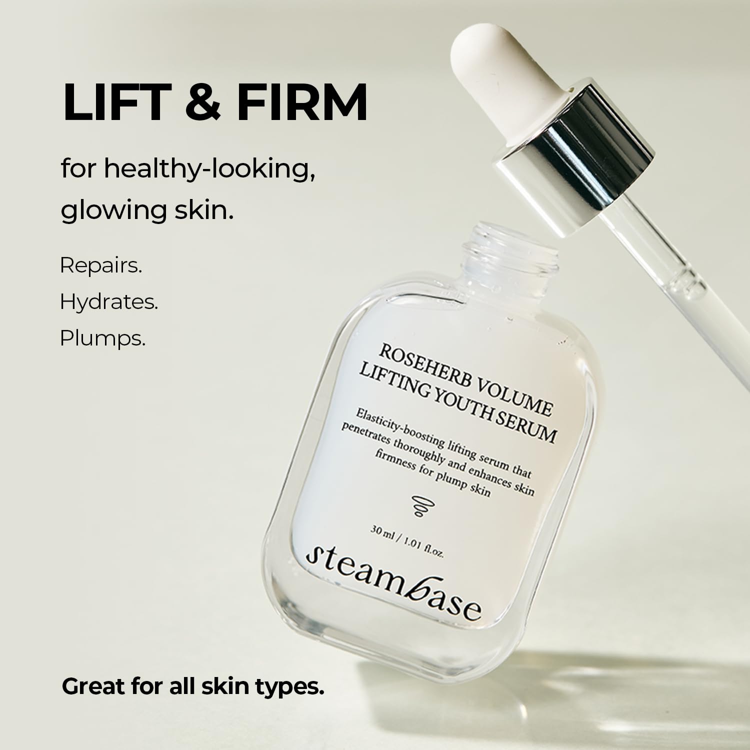 STEAMBASE Roseherb Volume Lifting Youth Serum, 1.01 fl oz - Hydrating Peptides & Rose Herb Serum for Face, Plump, Glowy Skin | Korean Skin Care, Travel Size