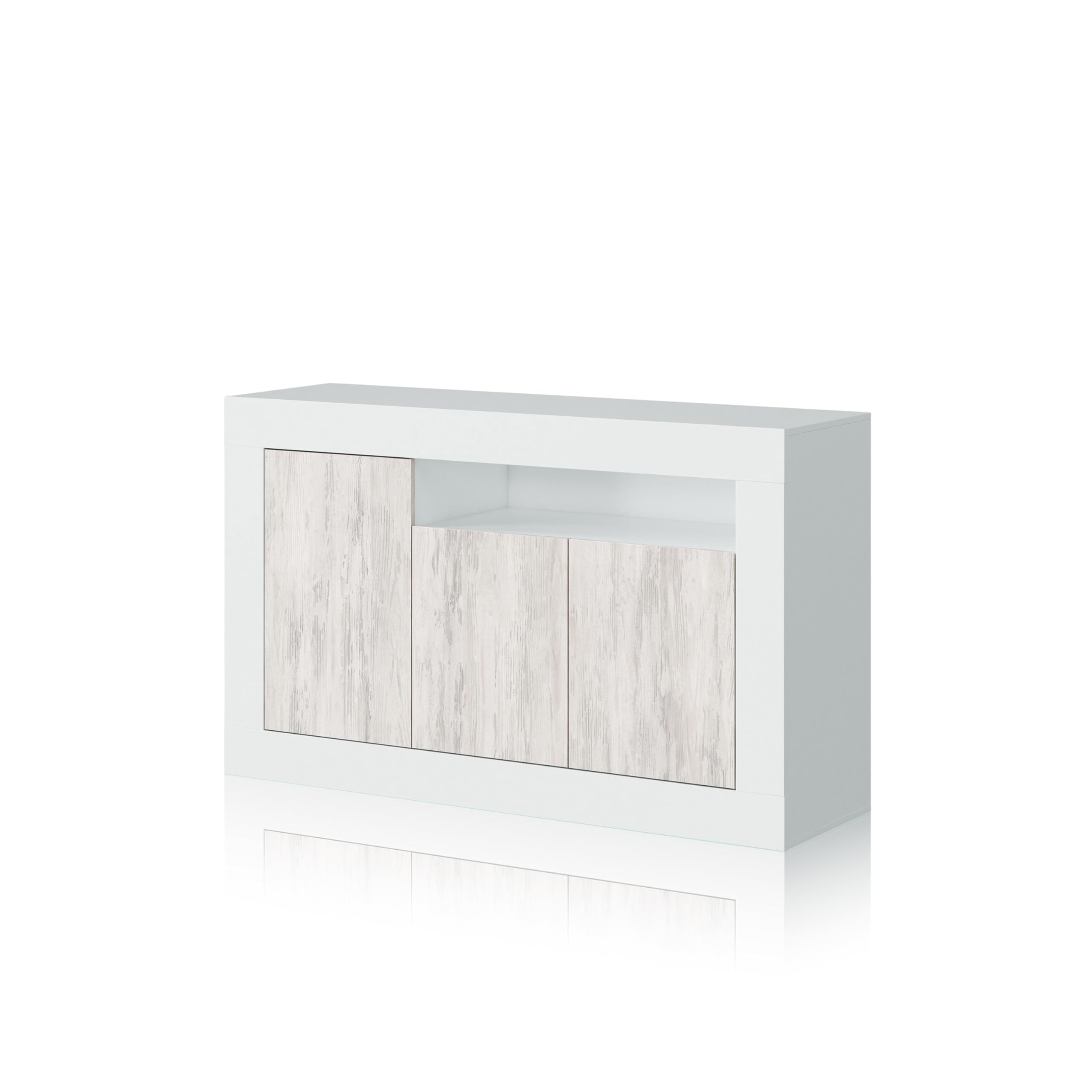 duehome | Aparador 3 Puertas, Buffet para Salon, Armario Auxiliar, Modelo Gian, Acabado en Color Blanco Artik y Blanco Velho, Medidas: 144 cm (Ancho) x 87 cm (Alto) x 42 cm (Fondo)