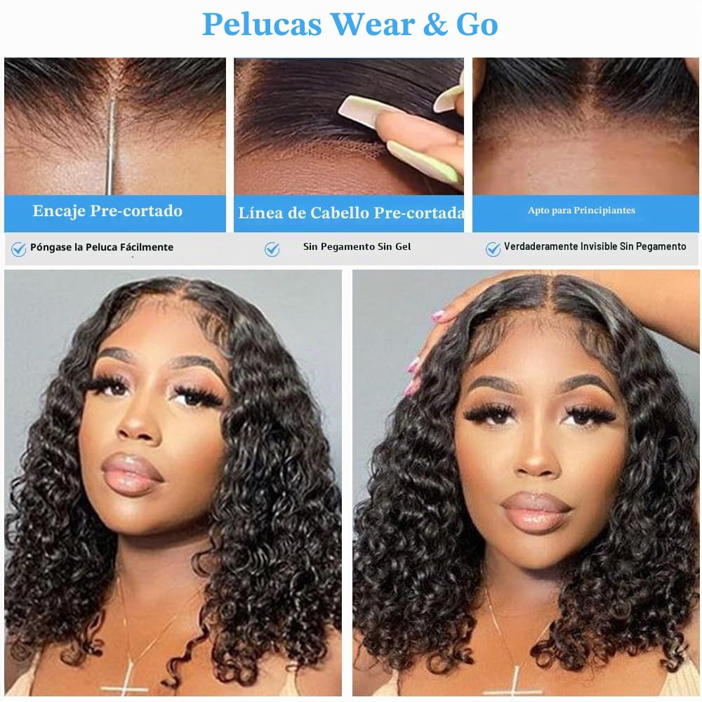 Peluca Bob Lace 4x4 Glueless Deep Curly Lace Bob Wigs Wear and Go Brazilian Pelucas Cortas para Mujer Pre Cut Human Hair Wig Pelucas de Cabello Humano Pre Plucked 10 Pulgada Natural Black