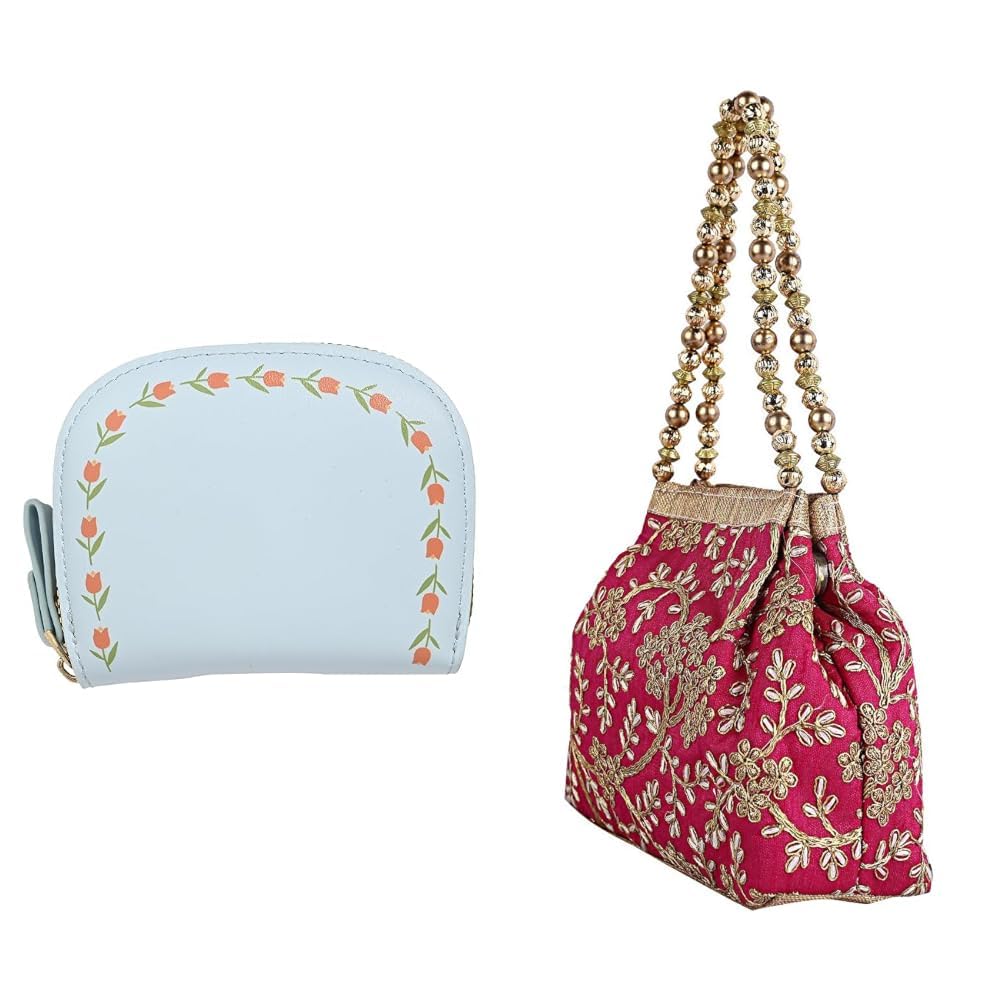 kuber industries Floral Vine Print PU Batua Purse, Cash & Coin Pocket Wallet for Women with Zip | + Women's Polyester Embroidered Woman Potli Bag, Pink - CTKTC31391-picture-32