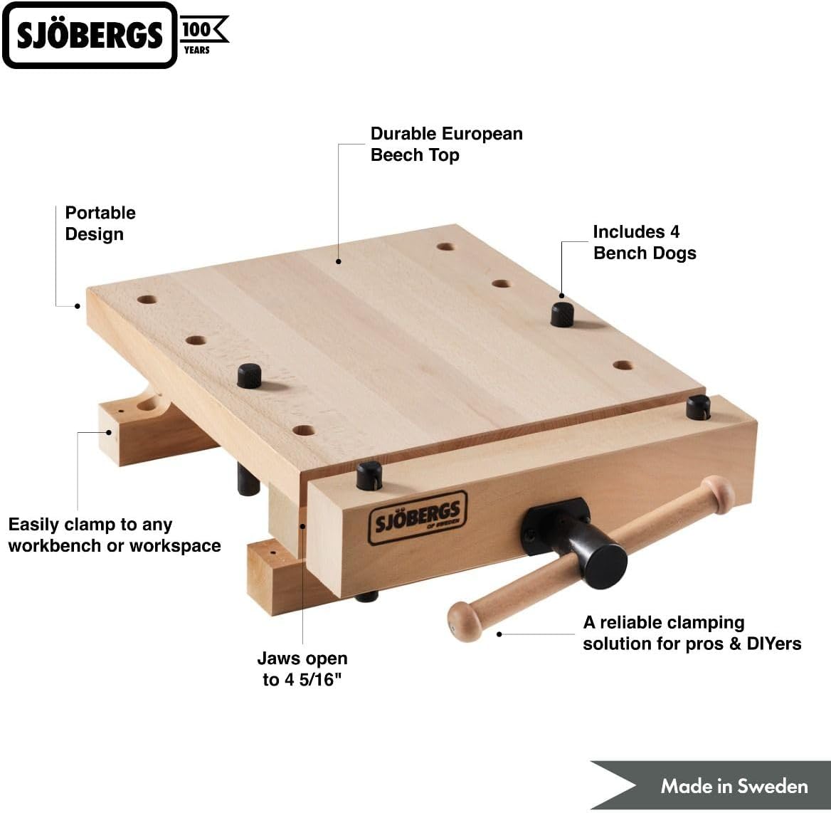Sjöbergs Smart Workstation Pro Vise Top – Professional Portable Work Station with Large Surface 20-7/8" x 14-3/8", Versatile, Durable European Beech Construction, SJO-33309