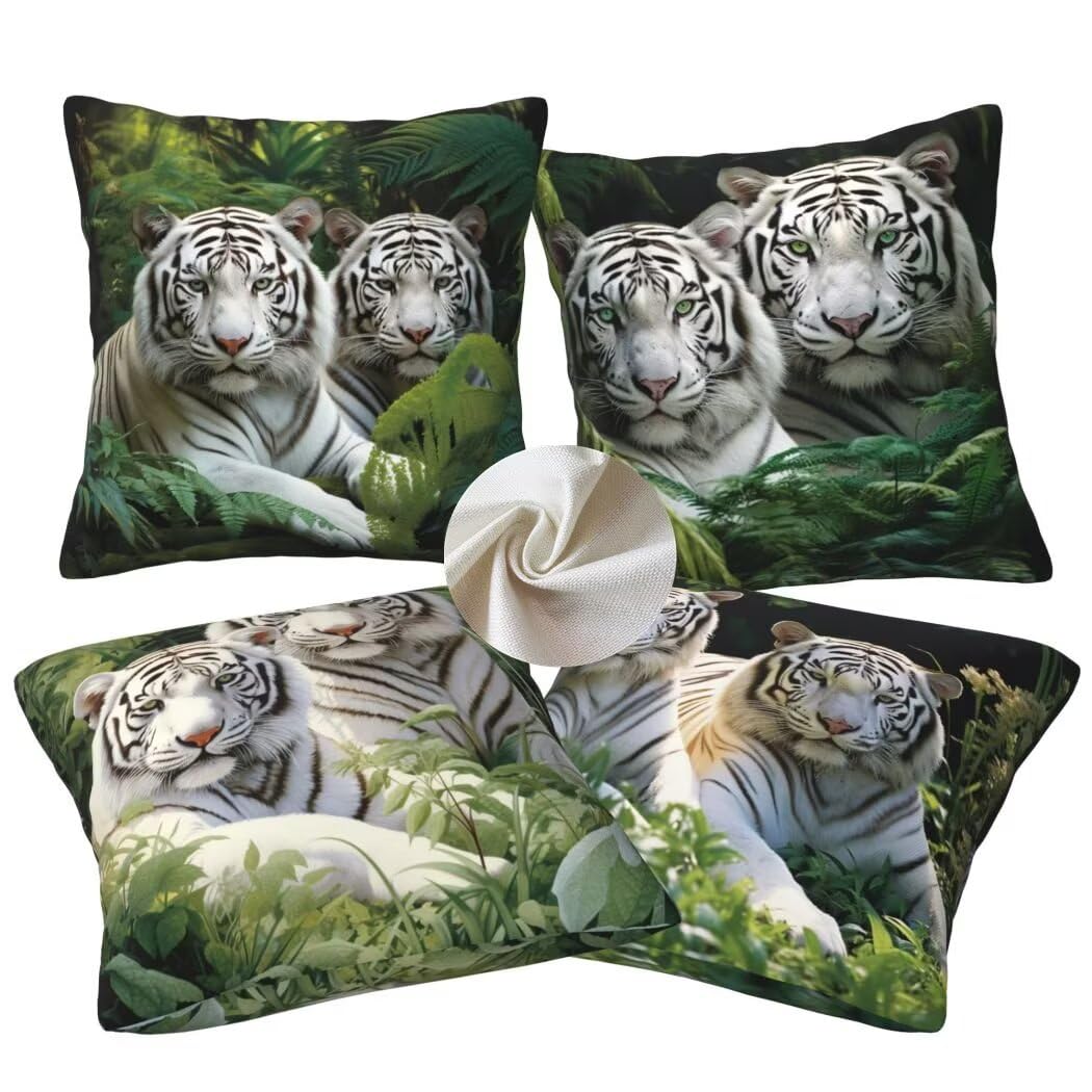 Fundas de Cojines 55x55 cm Juego de 4 Animales Funda de Almohada del Decorativos de Tela de Lino para Sofa con Cremallera Oculta, Funda Cojin Tigre Blanco Cushion Covers Decoración del Hogar -LI41