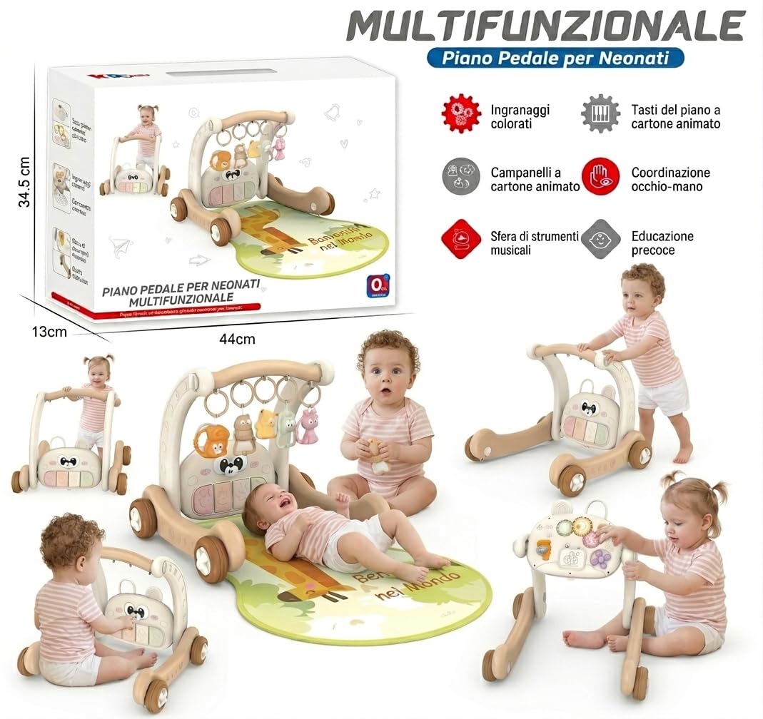 Palestrina per Neonati 3 in 1 con Pianoforte a Pedali, Tappeto Gioco e Centro Attività con Giochi Sospesi