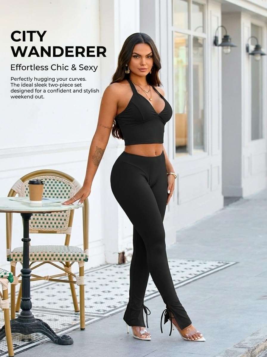 Women's 2 Piece Sexy Outfits Backless Halter Crop Top and Bodycon Pants Set