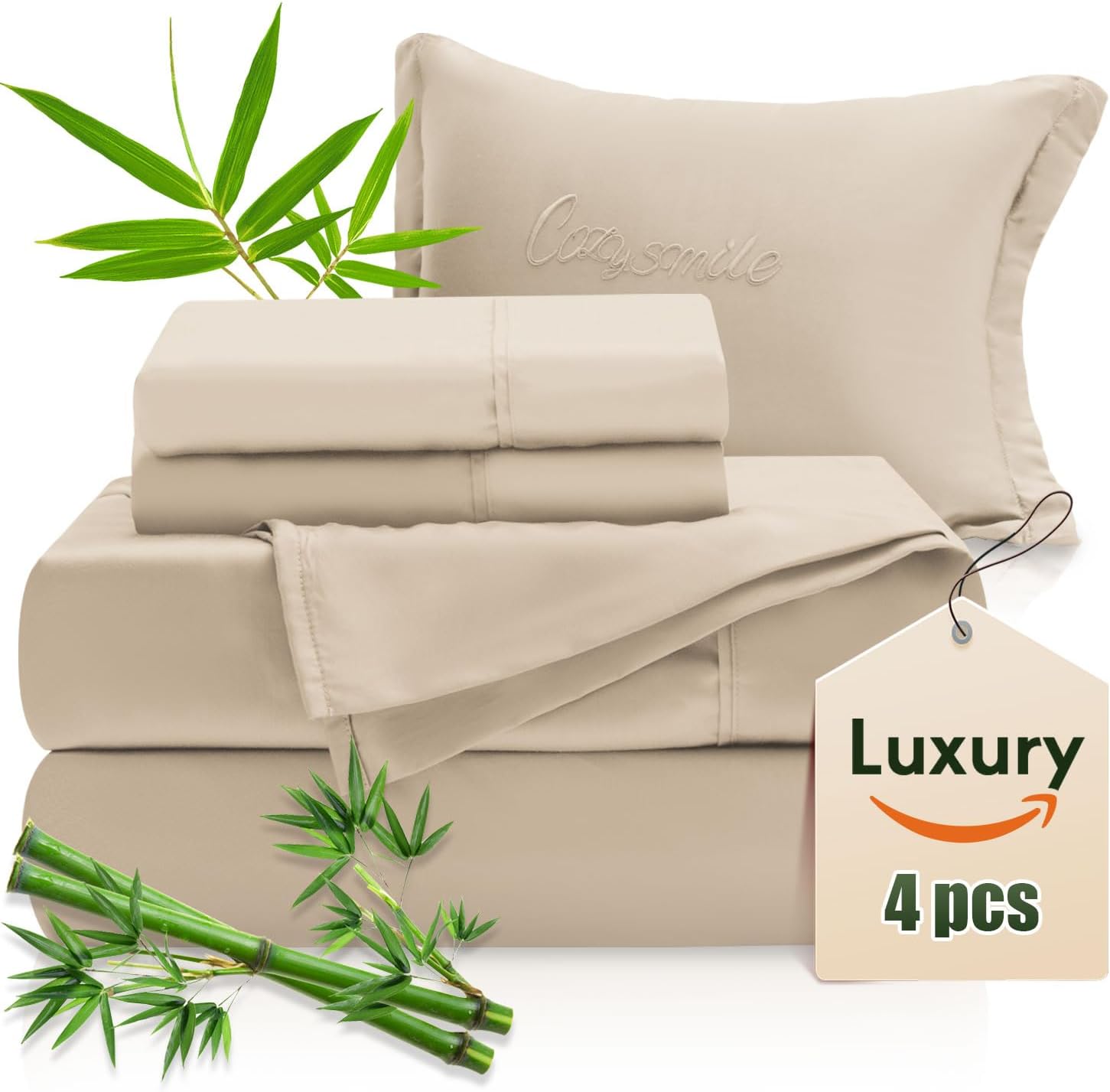 Luxury Sheets 100% Viscose Derived from Bamboo, 4pcs Cooling Sheet Set for Hot Sleeper, King Size Bedding, 16" Deep Pocket, Beige