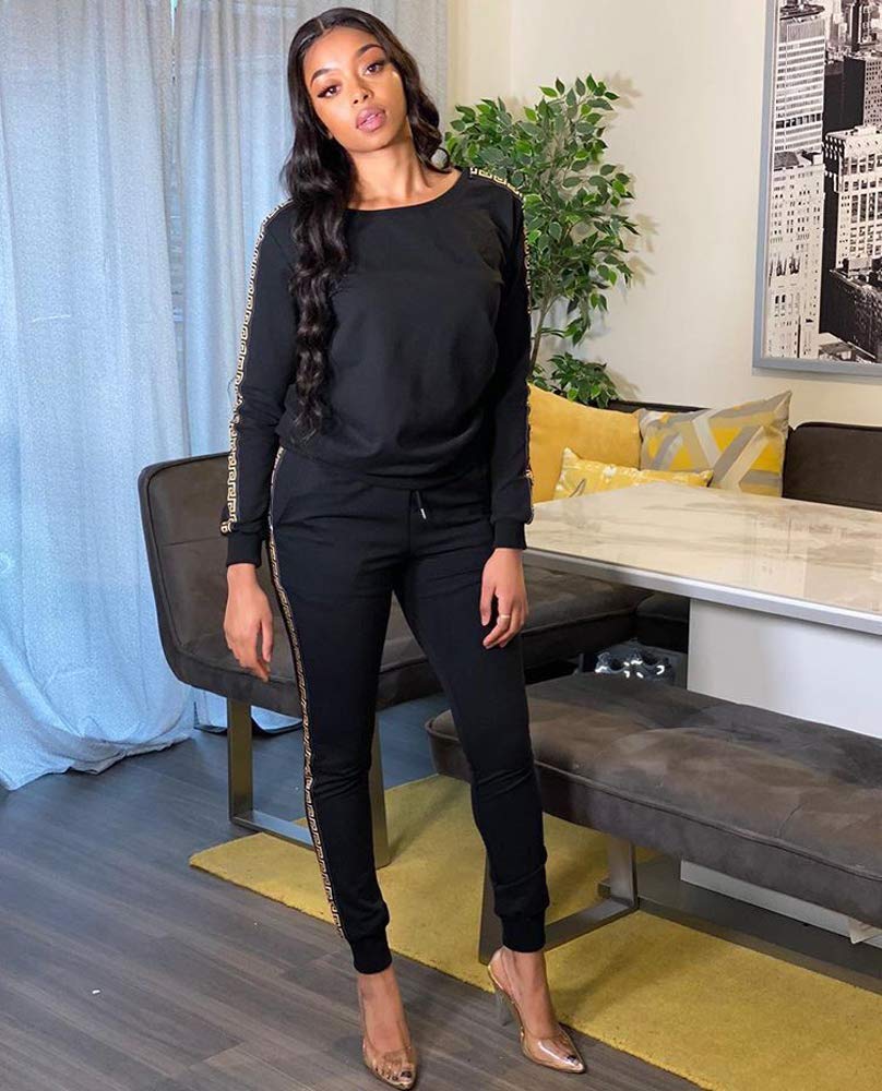Dres treningowy damski modny stretch dres do joggingu wiosna jesień chino odzież sportowa splice paski bluza + spodnie dres domowy, czarny, S
