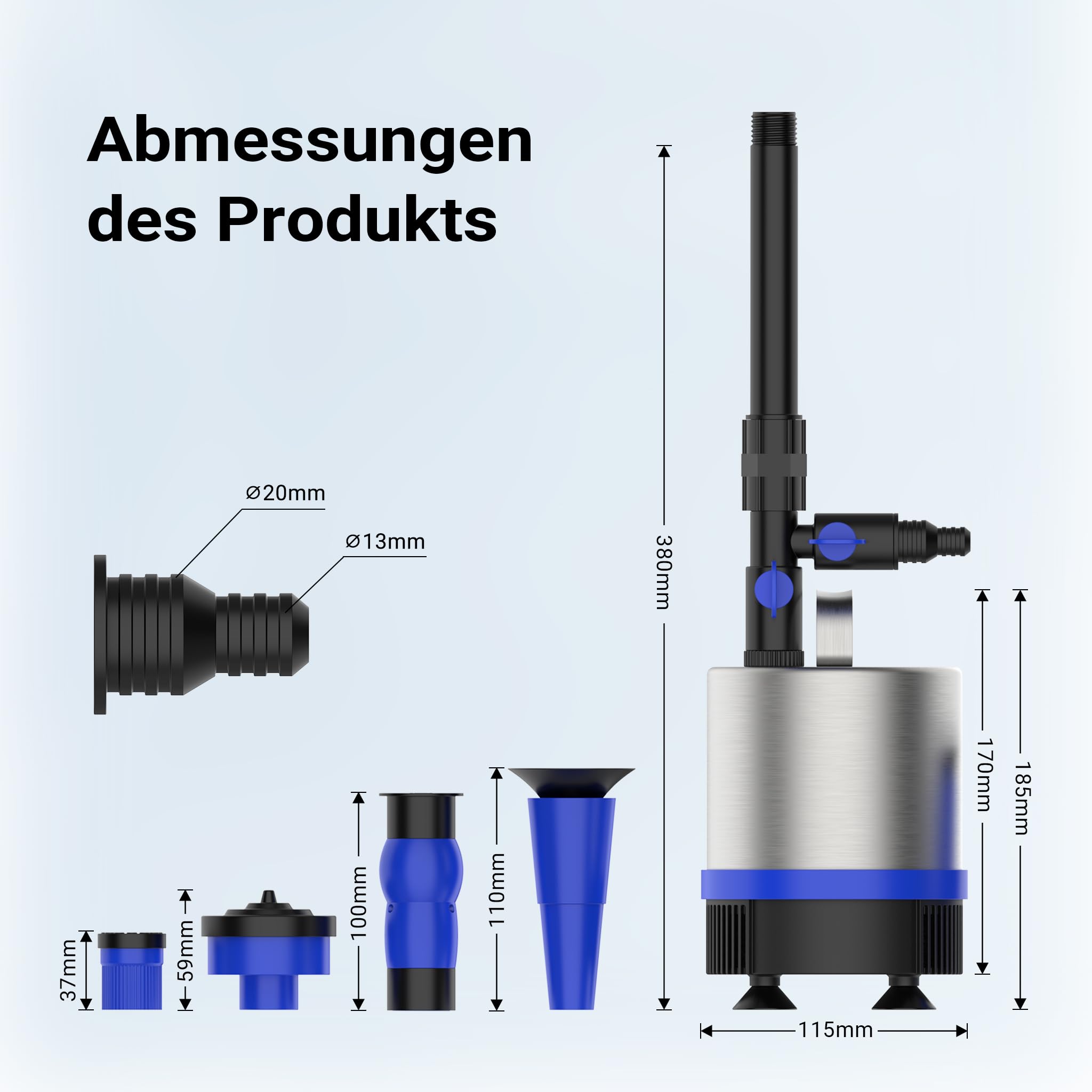 Wiltec Edelstahl Springbrunnenpumpe 50 W 1750 l/h, max. Fontänenhöhe 1,6 m, Teichpumpe inkl. 3 Aufsätze für verschiedene Fontänen, Aquariumpumpe