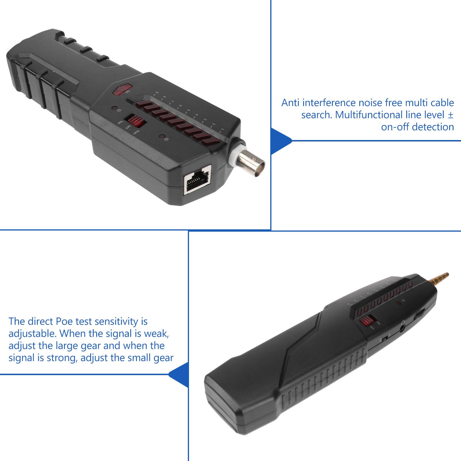 HOMSFOU Testeur en Noir Fonction Multifonction Réseau de Câbles Veille Automatique et Alignement de Niveau Plastique et Métal Suivi et Détection de Câbles Ethernet