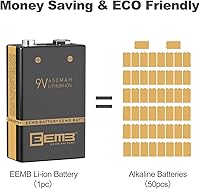 Vista 4 de EEMB Paquete de 4 baterías recargables de 9 V de iones de litio con cable de carga USB, batería de iones de litio 6F22 para alarma de humo, teclado