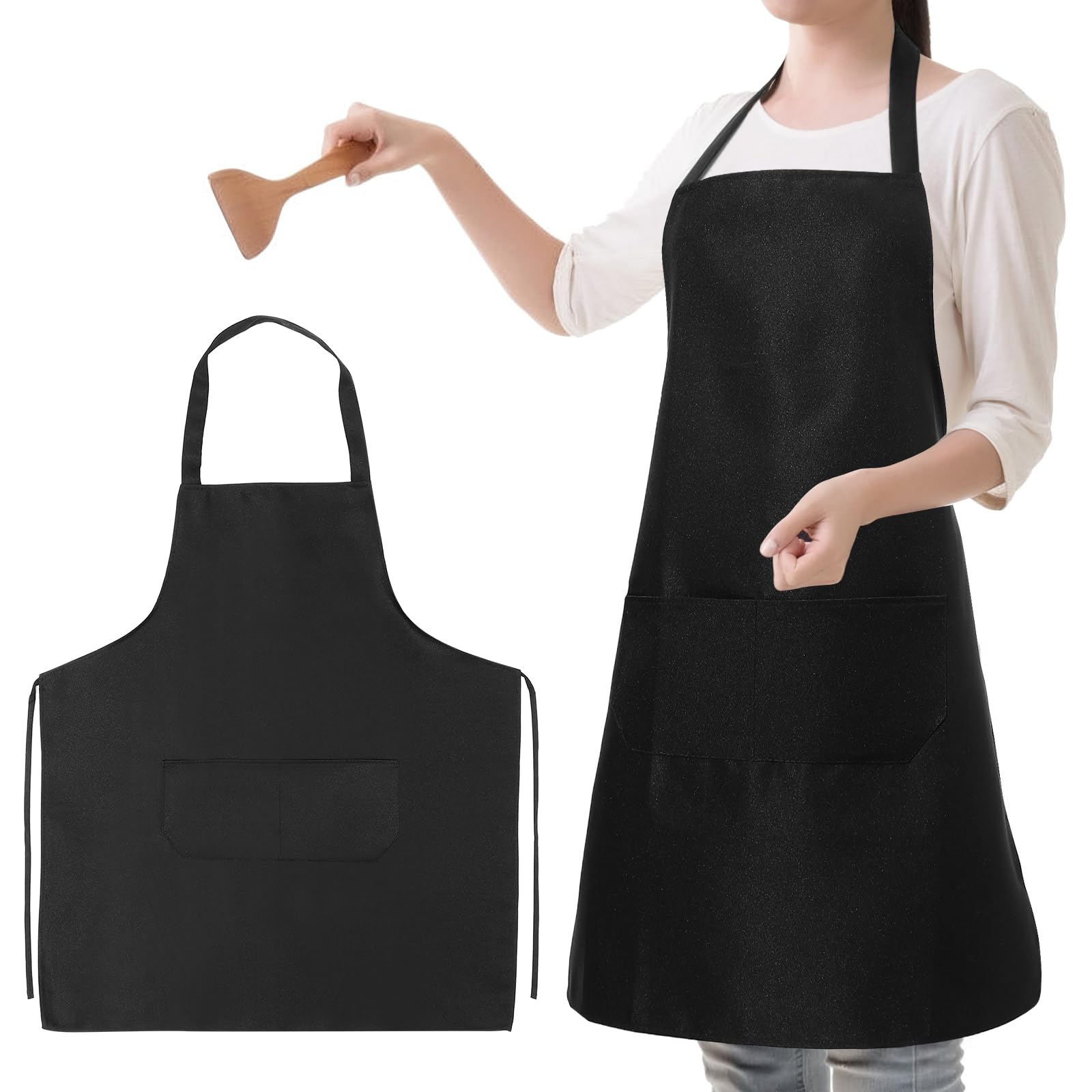 Set 10 Grembiuli da Cucina Neri in Poliestere per Uomo e Donna Tasche Doppie e Design Allacciato, Resistenti e Lavabili per Uso Domestico e Ristorazione