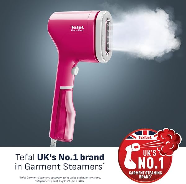 Tefal Pure Pop Slim Handheld Clothes Steamer, No Ironing Board Needed, Ready to Use in 15 Seconds, 70ml Detachable Water Tank, Travel Iron, Garment Steamer, Pink, DT2023 - 2