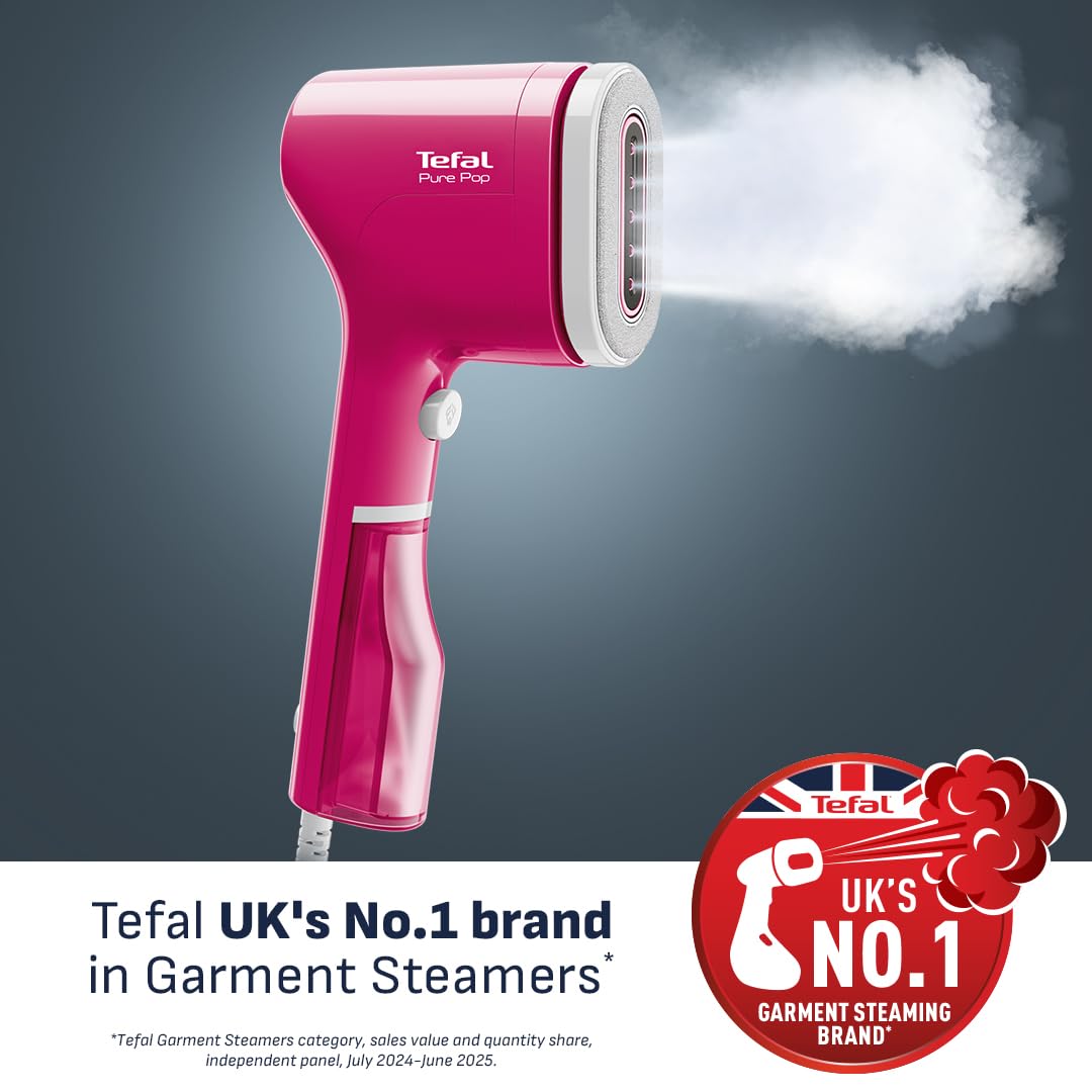 Tefal Pure Pop Slim Handheld Clothes Steamer, No Ironing Board Needed, Ready to Use in 15 Seconds, 70ml Detachable Water Tank, Travel Iron, Garment Steamer, Pink, DT2023 — view 2