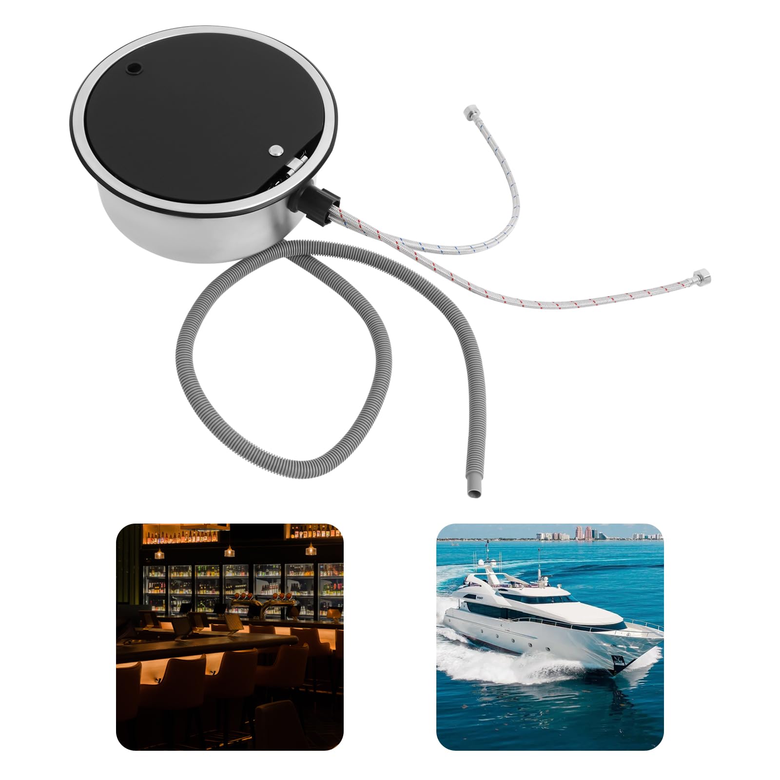 Set di lavello rotondo per camper, in acciaio inox, con rubinetto pieghevole e coperchio in vetro temperato per camper, yacht, roulotte, piccolo lavandino da campeggio, 34 x 15 cm