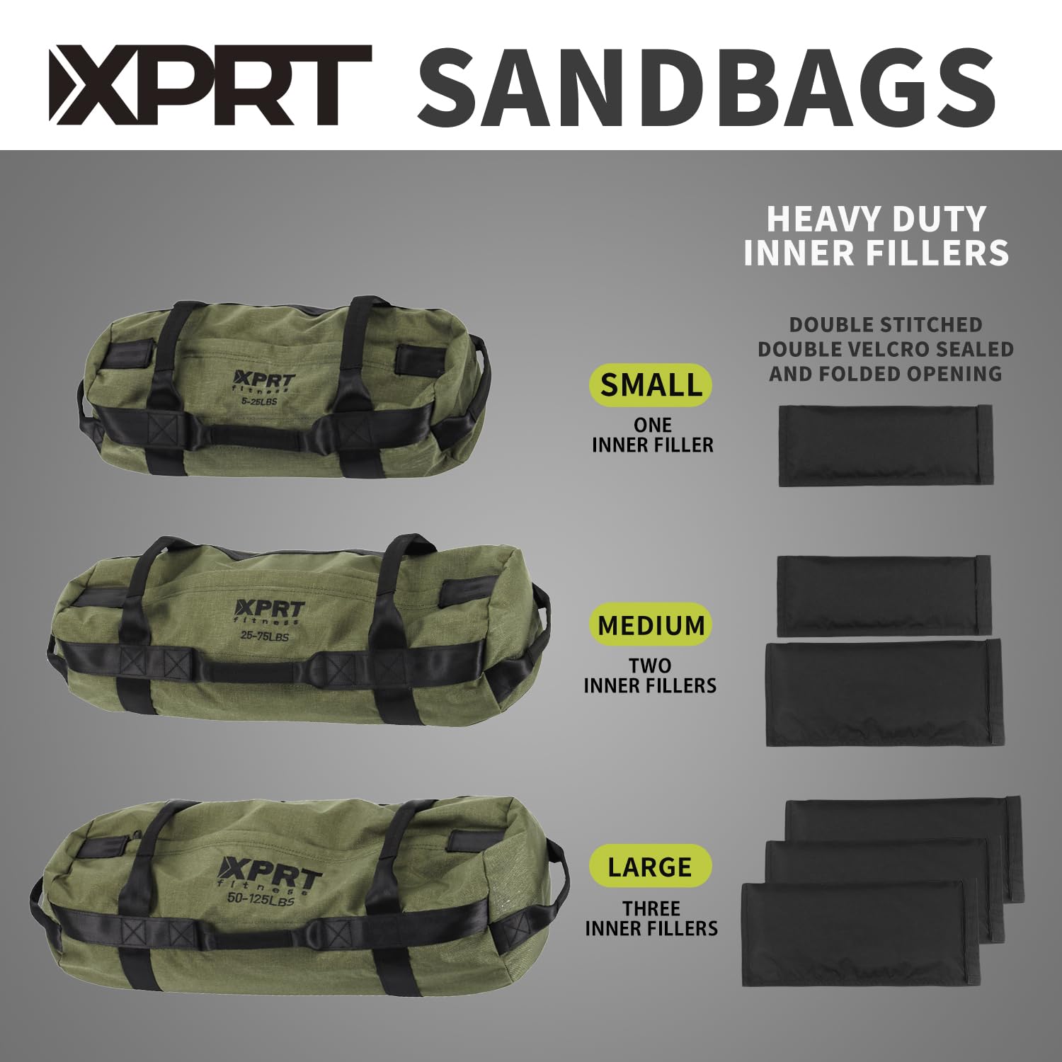 XPRT Fitness Workout-Sandsack für schweres Training, Cross-Training, 7 Multi-Positions-Griffe, Farbe: Armeegrün/Schwarz/Camo