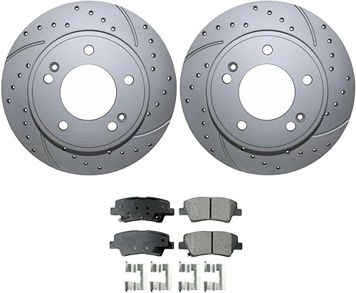 Miniatura 2 de Rotores de disco sólidos con revestimiento ranurado perforado de 10.315 in y pastillas de cerámica Akebono ProACT Sensores acústicos Kit de freno