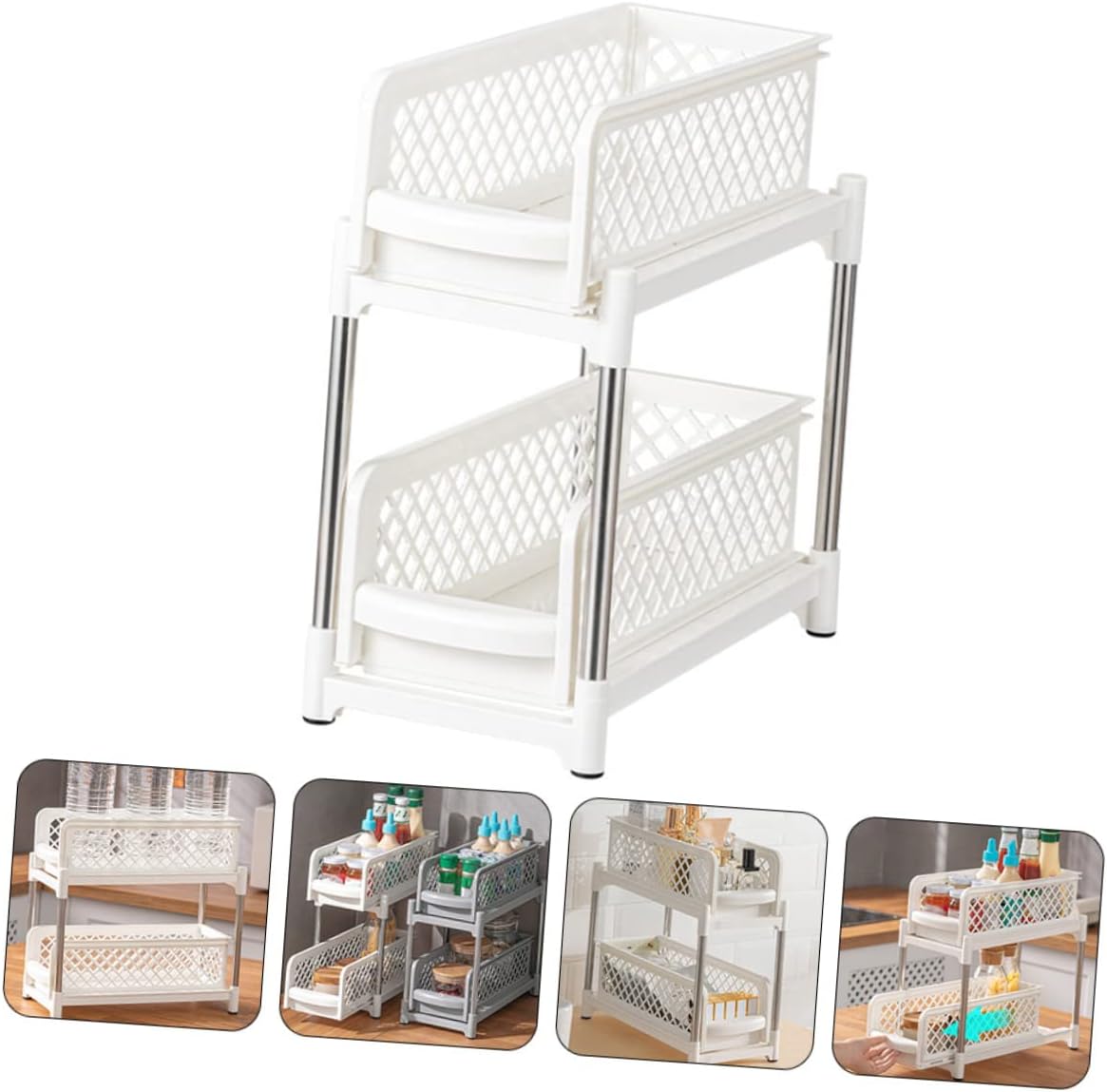 Multi-Function Dual-Layer Under Sink Organizer White Bathroom Countertop Storage Shelf Detachable Tray for Kitchen and Restroom Supplies