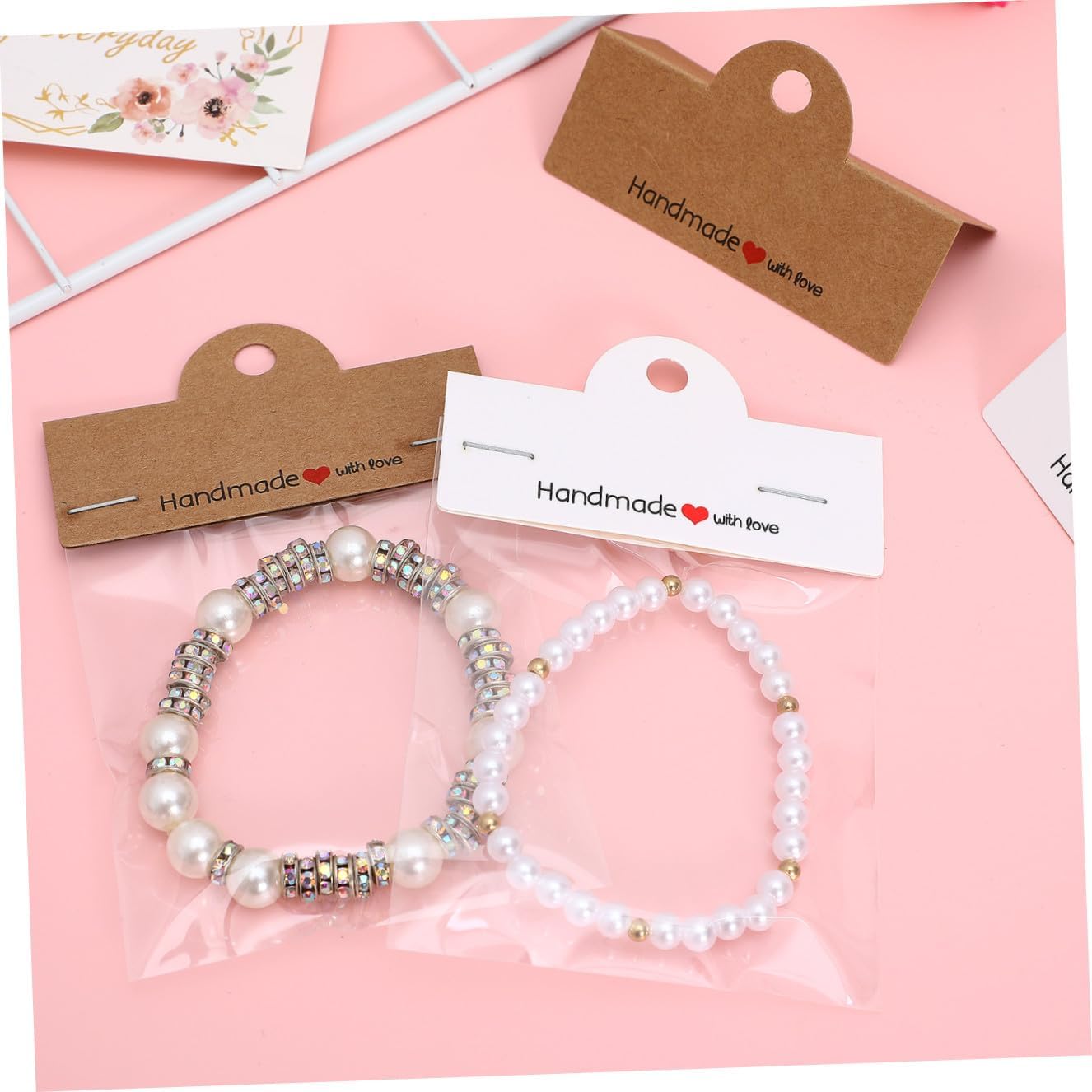 TEHAUX 200pcs Handmade Kraft Paper Card Packaging Small Business Jewelry Storage Bags Earring Display Necklace Packaging Keychain Bracelet Craft Cardboard Pouch