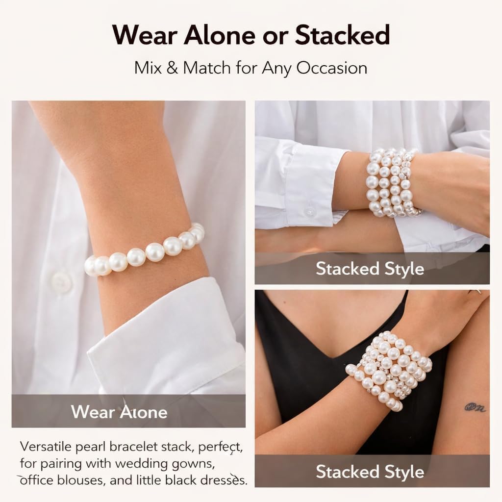Pearl Bracelets for Women Large Chunky Big White Faux Pearl Stretch Bracelet Wide Stacked Cuff Bangle Vintage Layered Mixed Size Beads No Clasp Wedding Bridal Gift for Her