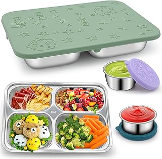 Bento Lunch Box Stainless Steel Lunch Container Reusable 4 Compartments Metal Lunch Boxes Leakproof Food Meal Prep Lunch Containers for Kids,Bonus 2P Dip Containers,Dishwasher,Freezer Safe, BPA-Free